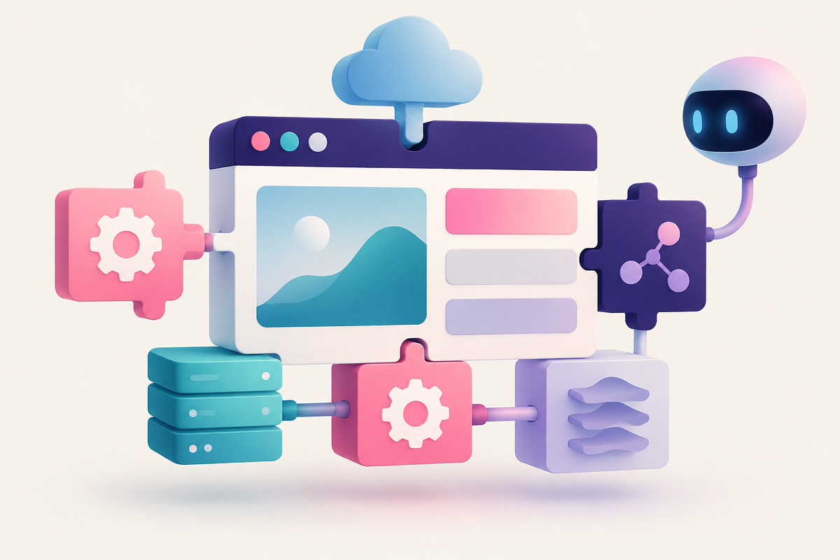 Abstract illustration of a modular browser window assembled from geometric component parts, built for AI agents rather than humans