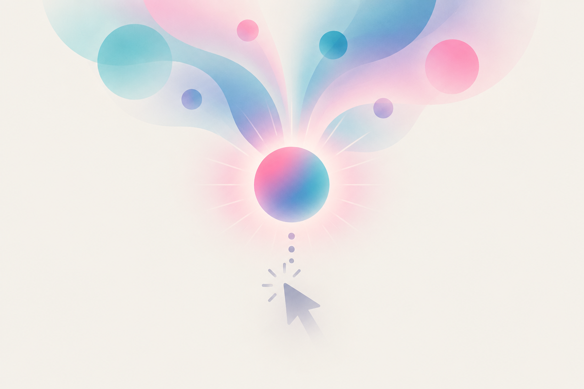 Abstract illustration of a glowing brand emblem radiating influence upward while a faded cursor click icon sits dimmed below