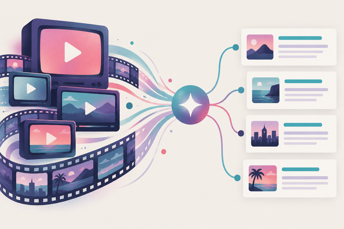 Abstract illustration of retro video frames and film strips transforming into neat structured citation cards connected by flowing lines