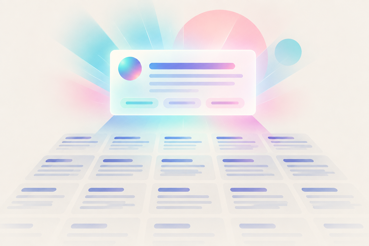 Abstract illustration of a glowing answer panel floating like a billboard above a faded grid of blue search-result links